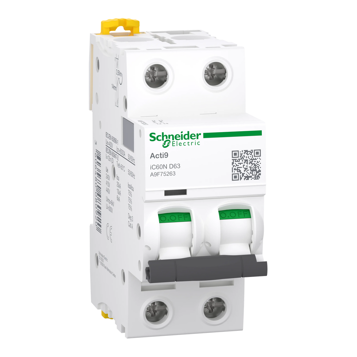 Acti9 iC60N - Disjoncteur - 2P - 63A - Courbe D - 400Vca - 6000A/10kA - SCHNEIDER ELECTRIC - A9F75263