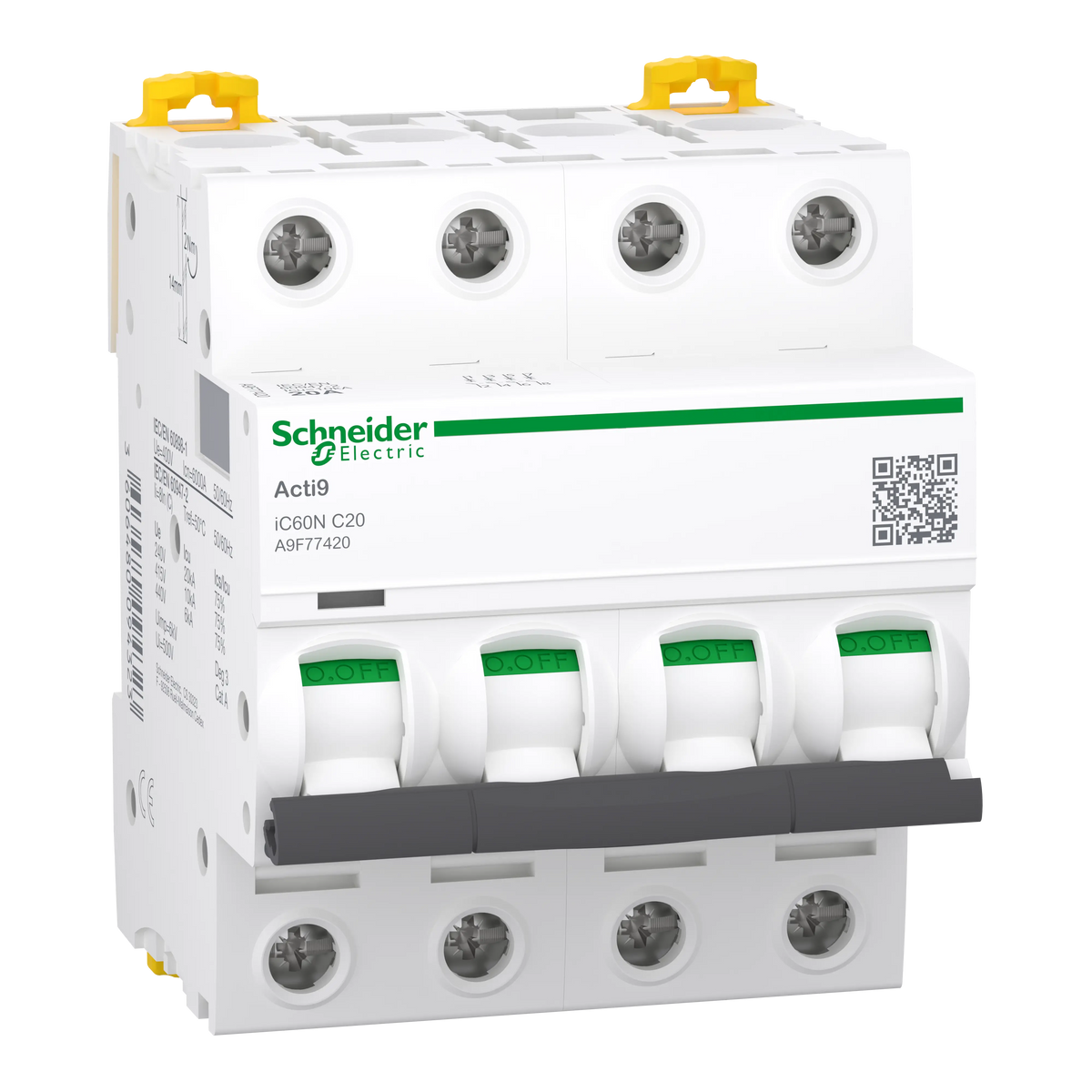 Acti9 iC60N - Disjoncteur - 4P - 20A - Courbe C - 400Vca - 6000A/10kA - SCHNEIDER ELECTRIC - A9F77420