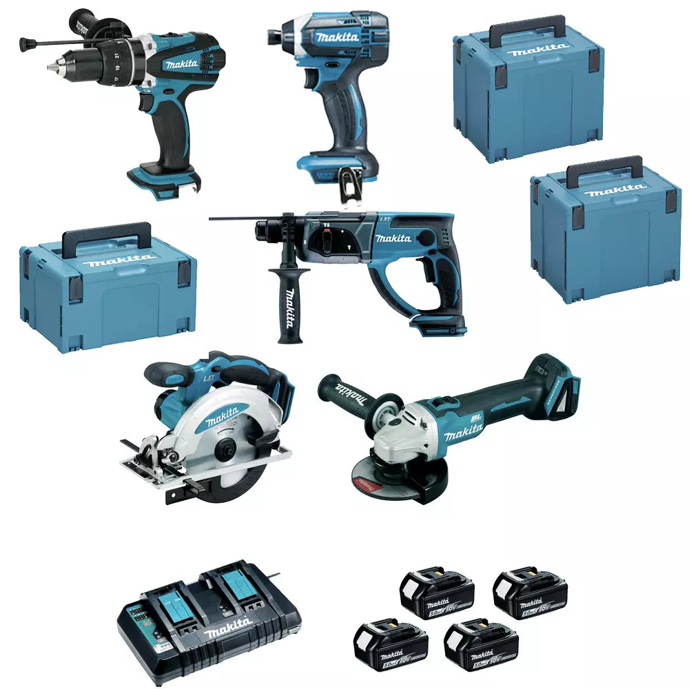 Pack de 5 machines MAKITA 18V - Perfo-burineur + Visseuse + Perceuse à percussion + Meuleuse + Scie circulaire - MAKITA - avec 4 batteries 18V 5Ah + chargeur rapide + 3 MAKPAC - DLX5039PTJ
